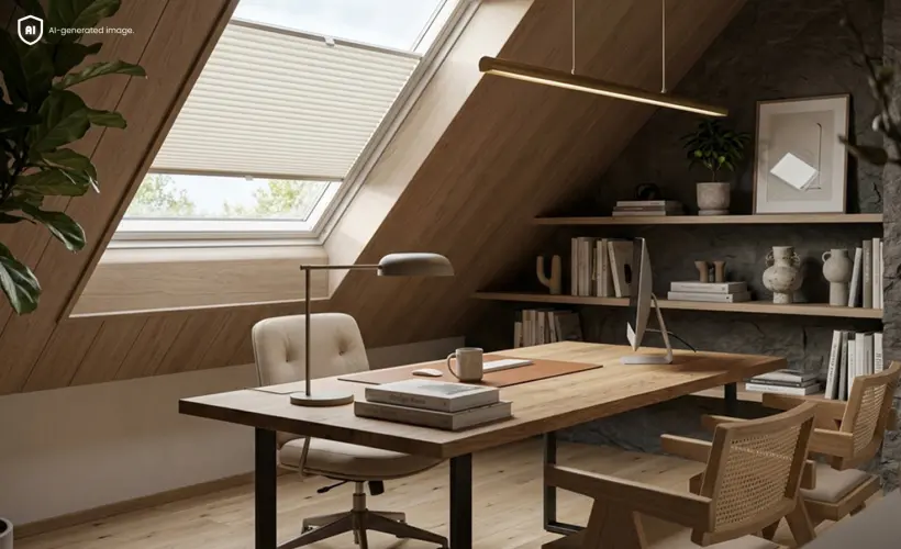 Bureau chaleureux de style japandi dans les combles avec une fen&ecirc;tre de toit Velux et un store pliss&eacute; blanc