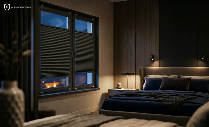 Chambre sombre et minimaliste de nuit avec un store pliss&eacute; occultant noir