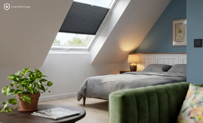 Chambre moderne dans les combles avec un store plissé gris sur mesure sur une fenêtre de toit