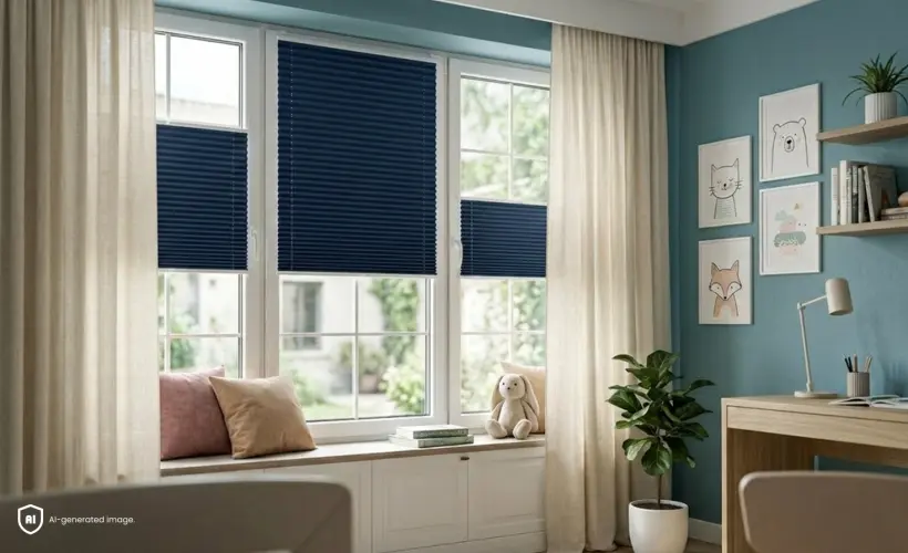 Chambre d’enfant bleue avec des stores plissés occultants bleu marine à la fenêtre