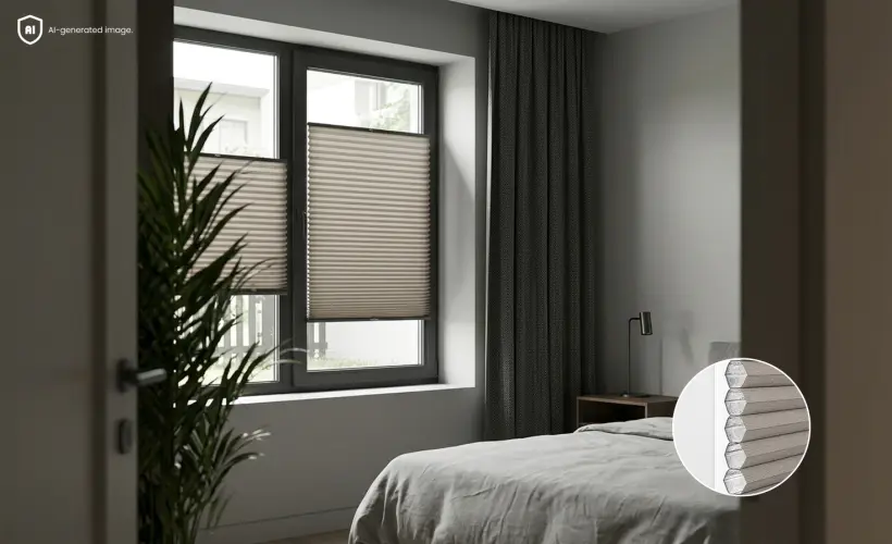 Chambre sombre et grise avec des stores plissés alvéolaires gris à la fenêtre