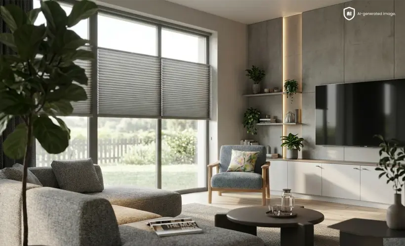 Salon spacieux et ensoleillé avec de grandes fenêtres et des stores plissés gris