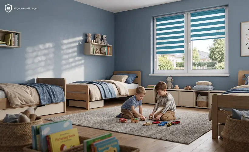 Two young boys playing on the rug in a children’s room, with blue day and night blinds on the window in the background.