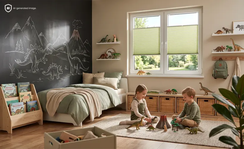 Children playing on the rug in a children&rsquo;s room with a dinosaur theme, with pistachio green standard pleated blinds on the window in the background.