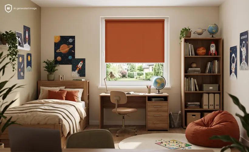 Une chambre d&rsquo;enfant moderne sur le th&egrave;me de l&rsquo;espace, avec un Store Enrouleur Classique orange sur la fen&ecirc;tre.