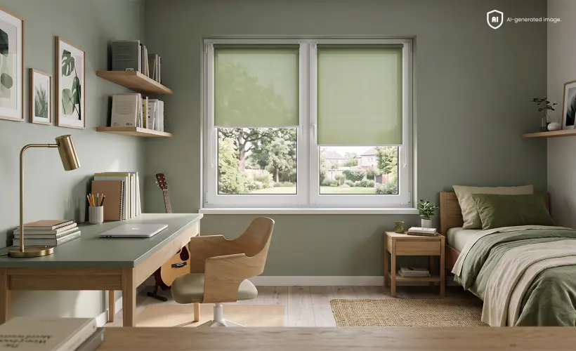 Une chambre d&rsquo;enfant verte am&eacute;nag&eacute;e dans un style moderne, avec des Stores Enrouleurs Classique verts sur la fen&ecirc;tre.
