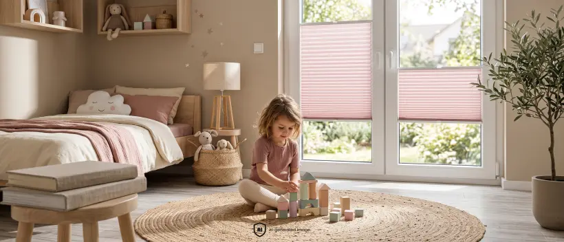 Une fille assise et jouant sur le tapis dans une chambre d&rsquo;enfant, avec des pliss&eacute;s Standard rose poudr&eacute; sur la fen&ecirc;tre en arri&egrave;re-plan.