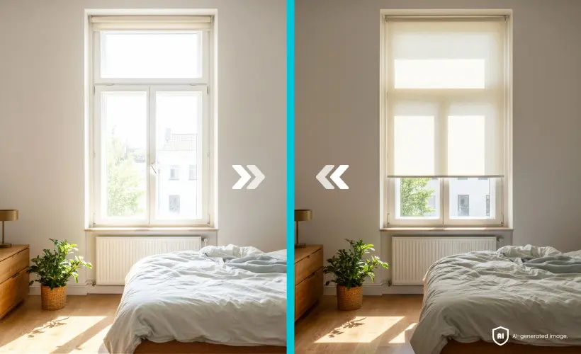 Comparaison d’une fenêtre de chambre sans protection et avec un store enrouleur beige abaissé.