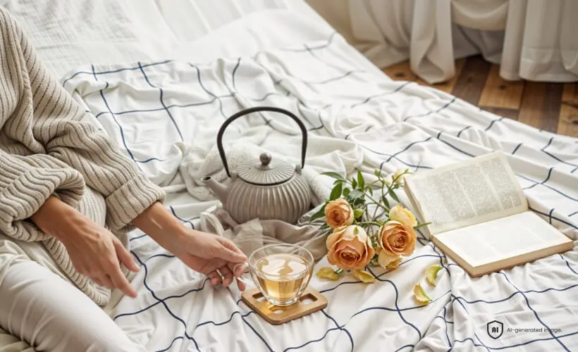 Une femme prend une tasse de th&eacute; tout en lisant un livre au lit.