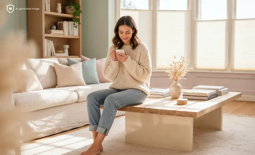 Une femme tient une tasse dans un salon lumineux doté de stores plissés crème.