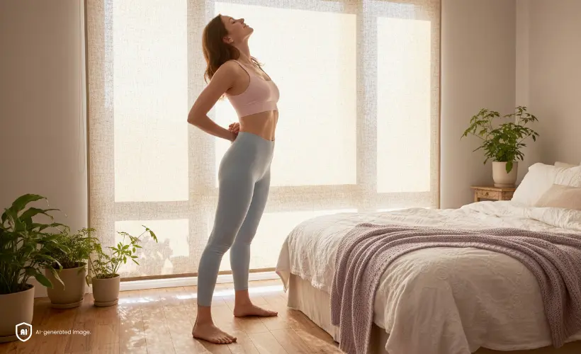 Une femme fait des &eacute;tirements dans une chambre pr&egrave;s d&rsquo;une fen&ecirc;tre prot&eacute;g&eacute;e par un store enrouleur beige.