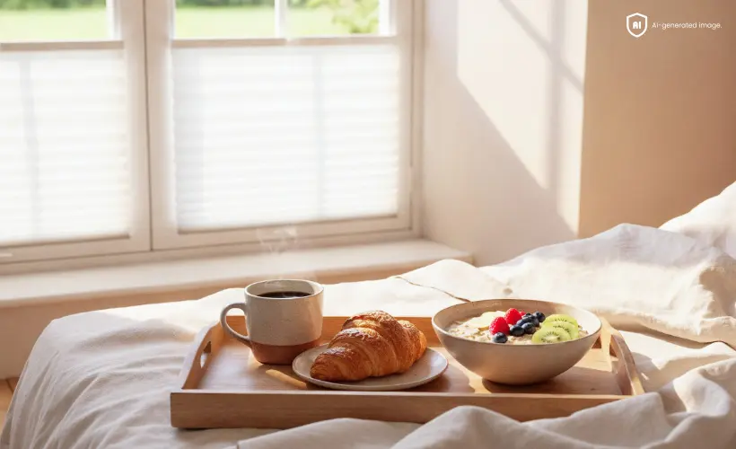 Un plateau de petit-d&eacute;jeuner pos&eacute; sur un lit pr&egrave;s d&rsquo;une fen&ecirc;tre &eacute;quip&eacute;e de stores pliss&eacute;s blancs.