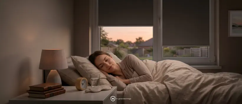 Femme dormant dans un lit dans une chambre sombre avec un store enrouleur occultant marron &agrave; la fen&ecirc;tre