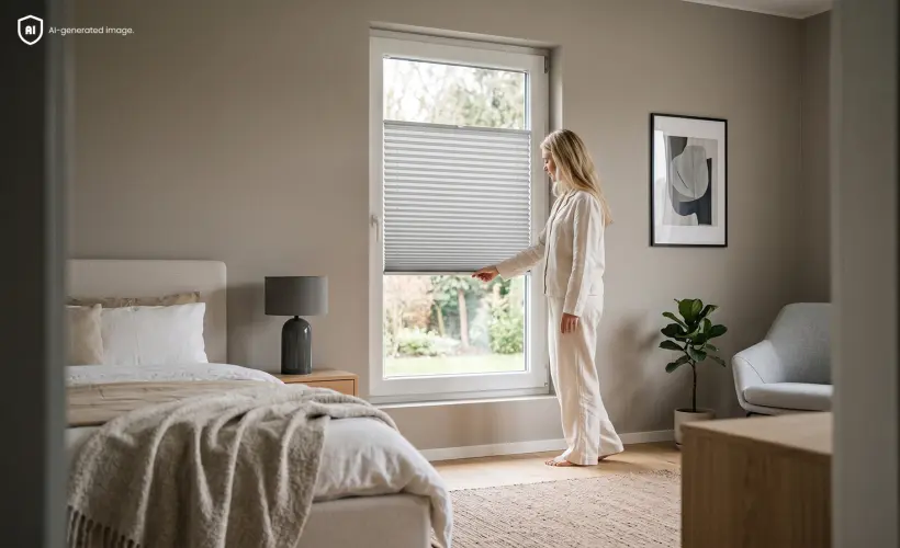 Femme en pyjama debout dans une chambre, masquant la fenêtre avec un store plissé blanc