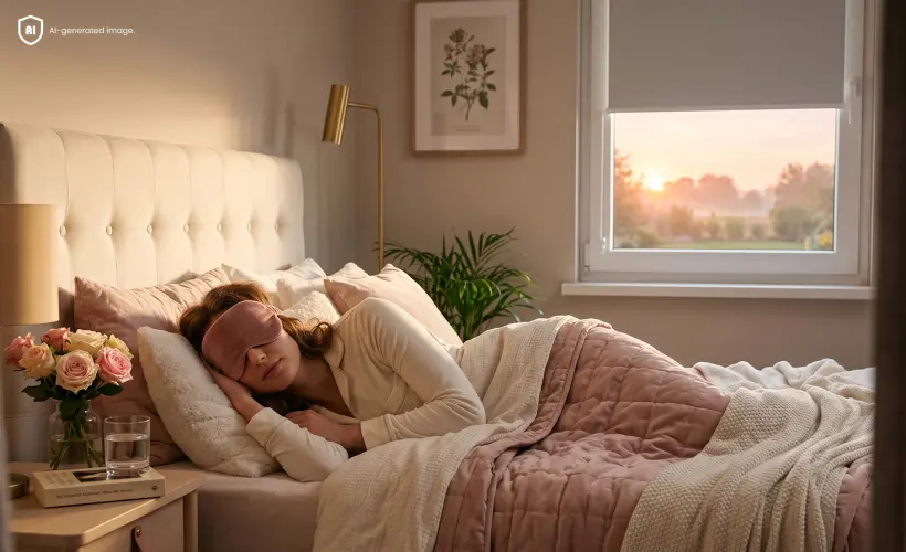 Femme dormant dans un lit avec un masque de nuit dans une chambre beige avec un store gris &agrave; la fen&ecirc;tre