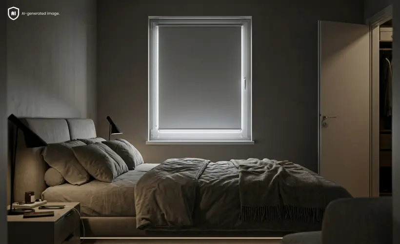 Chambre sombre au petit matin avec un store enrouleur occultant gris &agrave; la fen&ecirc;tre