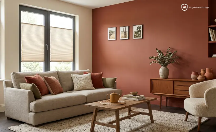 Salon aux tons terracotta avec des &eacute;l&eacute;ments beiges et un store pliss&eacute; standard beige &agrave; la fen&ecirc;tre.