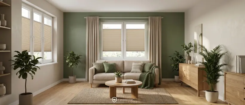Chambre cosy et moderne avec une d&eacute;coration couleur lavande et des stores enrouleurs standard gris &agrave; la fen&ecirc;tre.