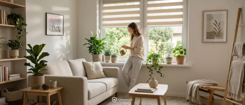 femme dans le salon pres de la fenetre avec un store jour nuit beige arrosant les plantes sur le rebord de la fenetre