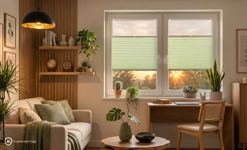 pi&egrave;ce chaleureuse avec des stores pliss&eacute;s standards verts &agrave; la fen&ecirc;tre dans la lumi&egrave;re du soir