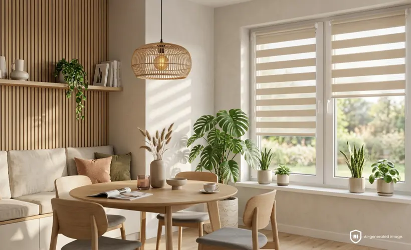 pi&egrave;ce de vie chaleureuse et lumineuse avec salle &agrave; manger et stores jour nuit beiges &agrave; la fen&ecirc;tre