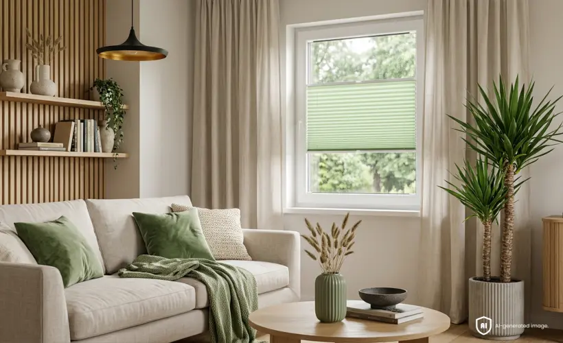 salon beige minimaliste avec des accents verts et un store plisse standard vert a la fenetre