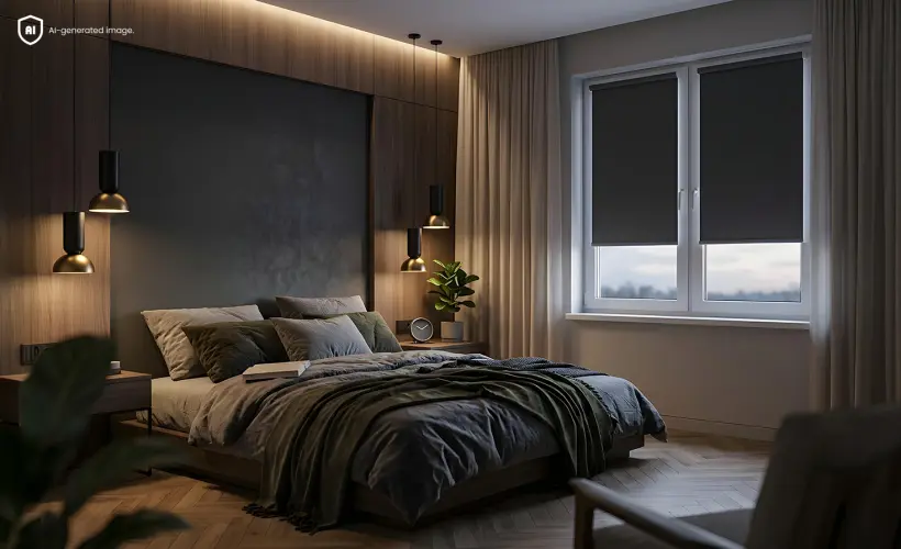 Chambre sombre et chaleureuse avec des stores occultants de couleur graphite aux fenêtres
