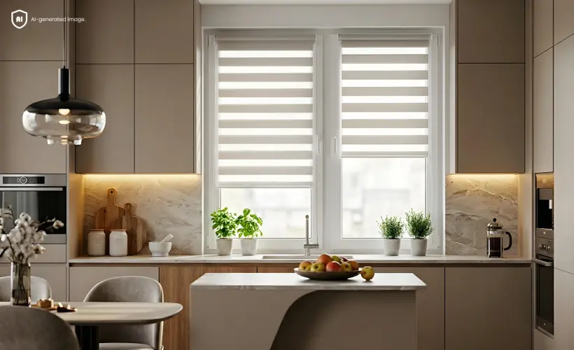 Cuisine moderne avec des stores jour nuit de couleur crème aux fenêtres