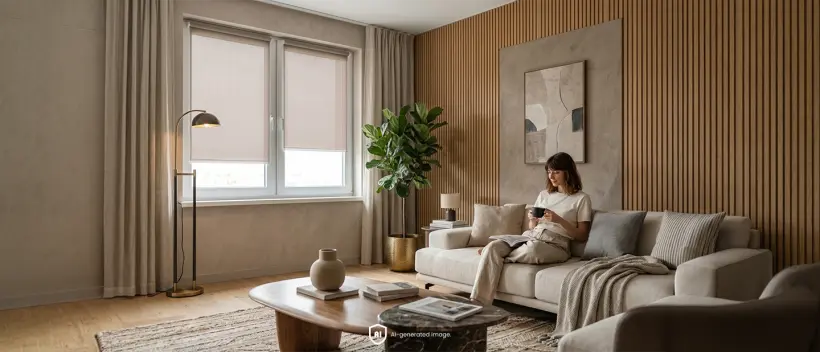 Femme assise sur un canapé dans un salon minimaliste et moderne avec des stores standards de couleur beige clair
