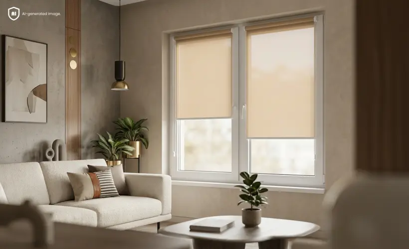 Salon clair et minimaliste avec des stores de couleur beige clair aux fenêtres