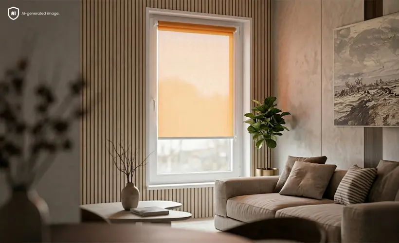 Store standard orange sur une fenêtre dans un salon moderne et chaleureux