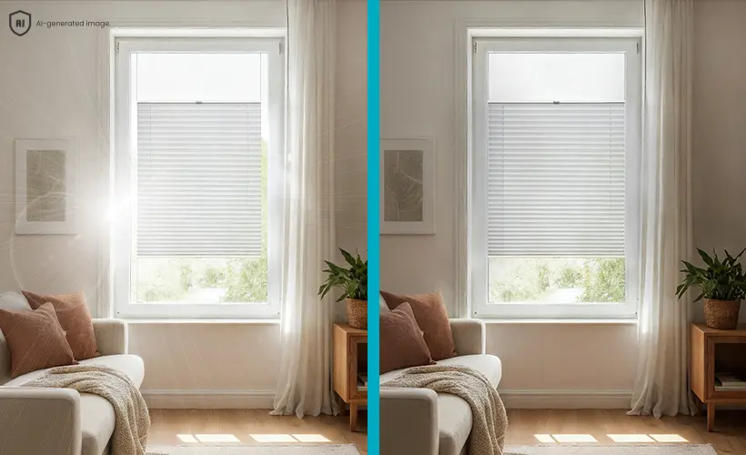 Comparaison de l’ensoleillement d’un salon sans protection et avec un store plissé blanc.
