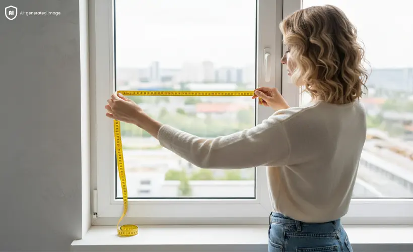 Une femme mesure la largeur d’un vitrage avec un mètre ruban jaune