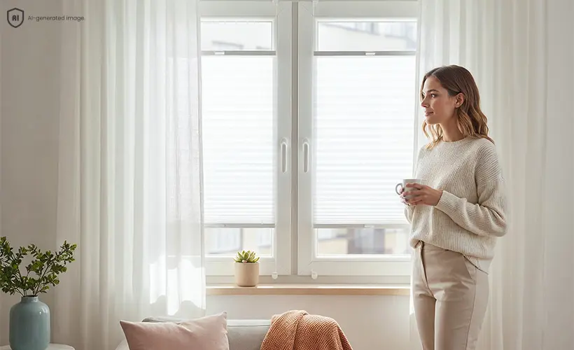 Un store plissé blanc installé sur une fenêtre dans un salon lumineux avec des voilages.