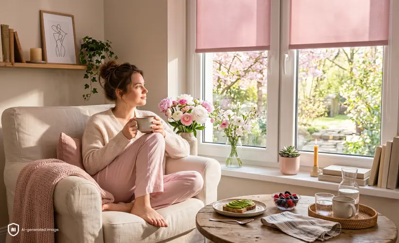 Woman in pyjamas sitting in an armchair, eating breakfast and drinking coffee, with powder pink blinds in the background.
