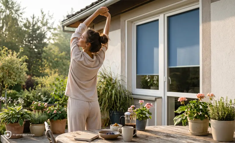 Une femme en pyjama qui s&rsquo;&eacute;tire sur la terrasse le matin, avec un store bleu install&eacute; &agrave; la fen&ecirc;tre en arri&egrave;re-plan.