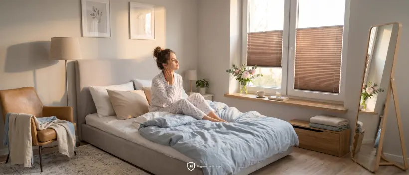 Une femme en pyjama assise sur un grand lit dans une chambre, regardant une fen&ecirc;tre &eacute;quip&eacute;e d&rsquo;un store pliss&eacute; standard marron.