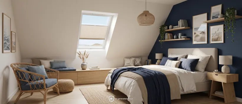 Une chambre mansard&eacute;e chaleureuse avec un mur bleu marine, des meubles en bois et un pliss&eacute; sur la fen&ecirc;tre de toit.