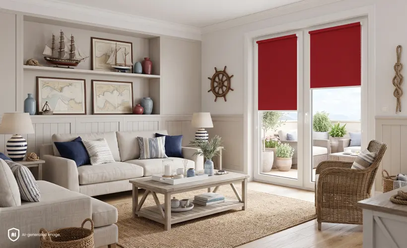 Un salon lumineux de style marin avec des stores en tissu rouges sur les portes-fen&ecirc;tres donnant sur la terrasse.