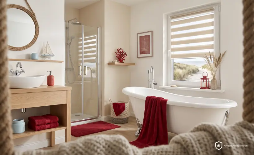 Une salle de bains lumineuse avec une baignoire &icirc;lot, des touches rouges et un Store Jour et Nuit sur la fen&ecirc;tre.
