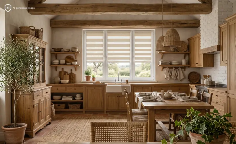 Cuisine claire et beige de style rustique. Un store jour-nuit beige est visible &agrave; la fen&ecirc;tre.