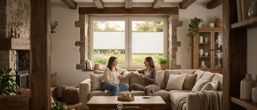 Des femmes boivent du café dans un grand salon de style rustique. En arrière-plan, des stores plissés de couleur claire sont visibles à la fenêtre.