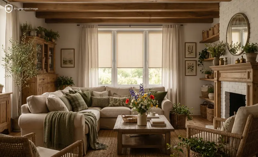 Grand salon chaleureux am&eacute;nag&eacute; dans un style rustique avec une chemin&eacute;e. En arri&egrave;re-plan, des stores enrouleurs de la collection Standard.