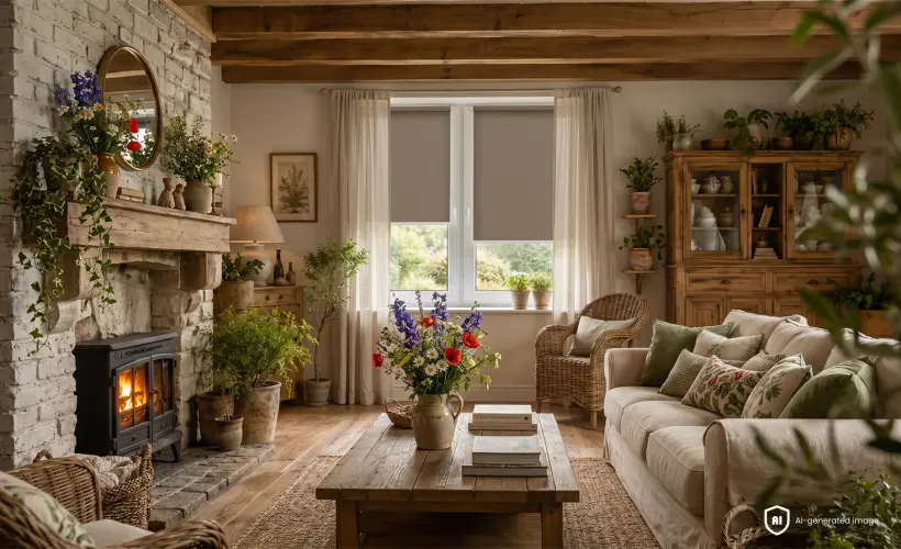 Pièce de style rustique avec beaucoup de plantes et des fleurs des champs dans un vase. Aux fenêtres se trouvent des stores de couleur noyer.