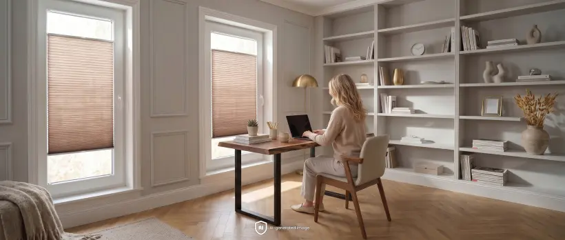 femme-travaillant-sur-un-ordinateur-portable-a-un-bureau-dans-un-bureau-lumineux-avec-stores-plisses-standards-marron-aux-fenetres