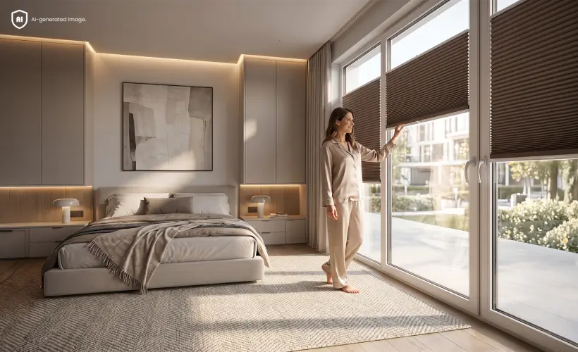femme-en-pyjama-dans-une-chambre-fermant-la-fenetre-avec-un-store-plisse-occultant-marron