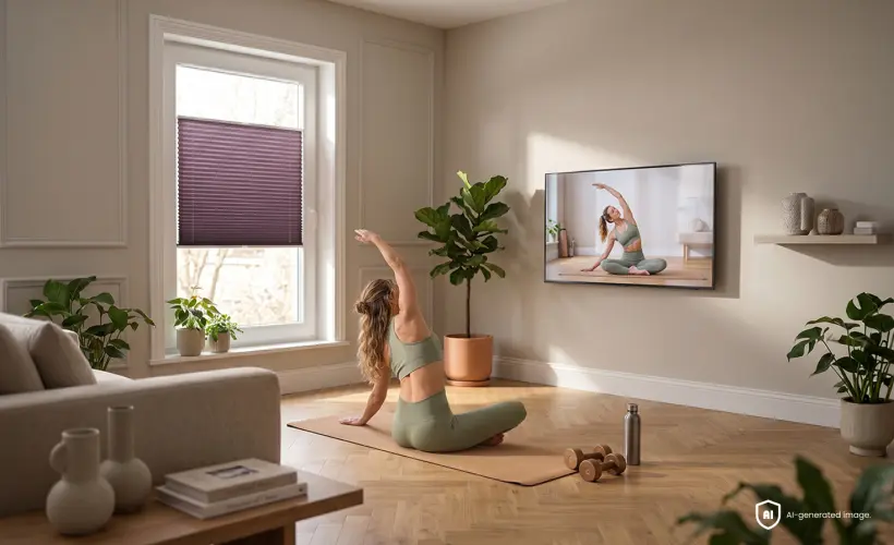 femme-faisant-du-yoga-sur-un-tapis-dans-un-salon-de-style-scandinave-avec-store-plisse-standard-prune-sur-la-fenetre