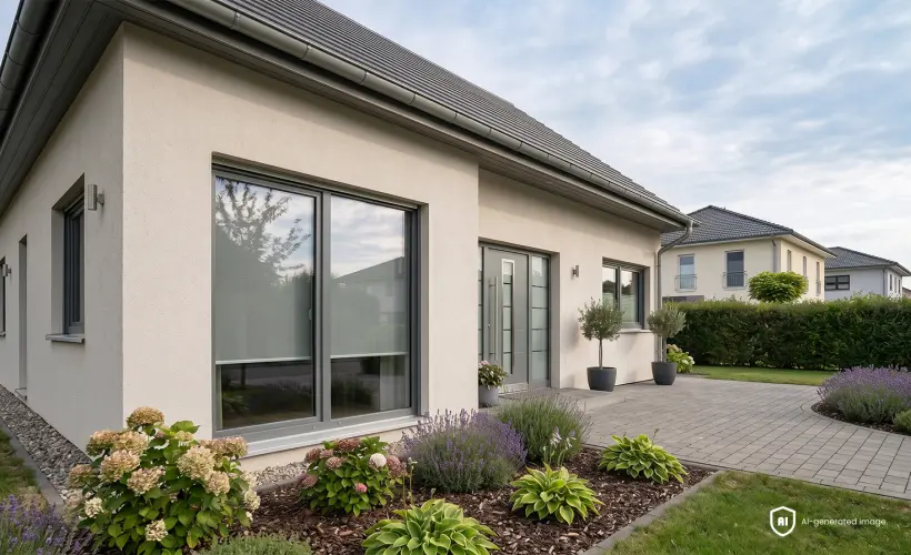 maison-moderne-grise-dans-un-quartier-résidentiel-avec-des-stores-standards-gris-à-la-fenêtre