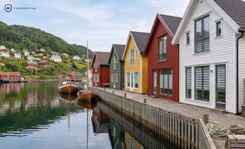 village-de-p&ecirc;che-scandinave-en-norv&egrave;ge-avec-des-maisons-color&eacute;es-et-des-stores-jour-nuit-aux-fen&ecirc;tres