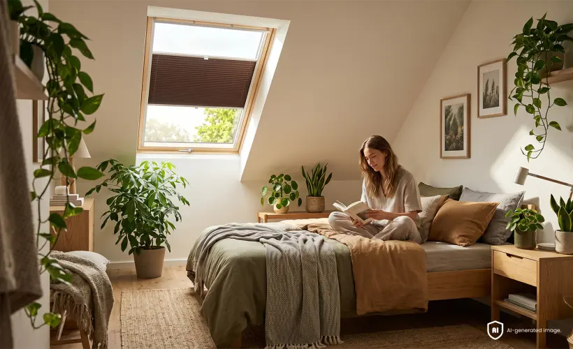 Chambre de style bohème dans les combles avec un store plissé velux marron à la fenêtre